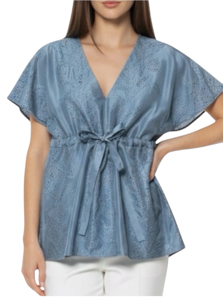Banana Republic Slate Blue Floral Embroidery Tie Cinch Bow Waist Silk Blouse
